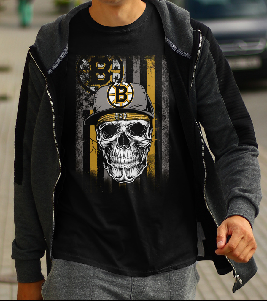 Boston Bruins Skull With Hat And Stripes T-Shirt