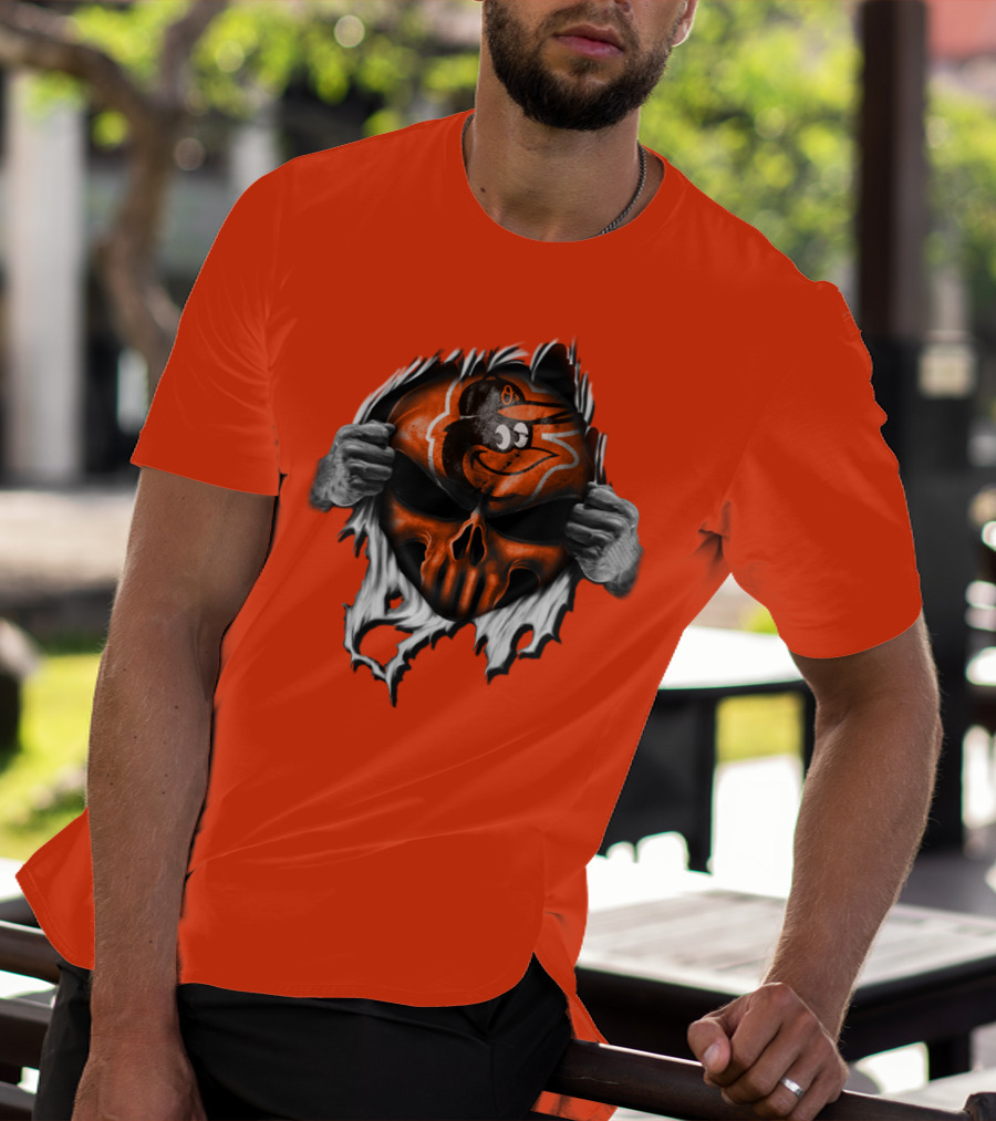 Baltimore Orioles Skull Logo Halloween Rip Effect T-Shirt