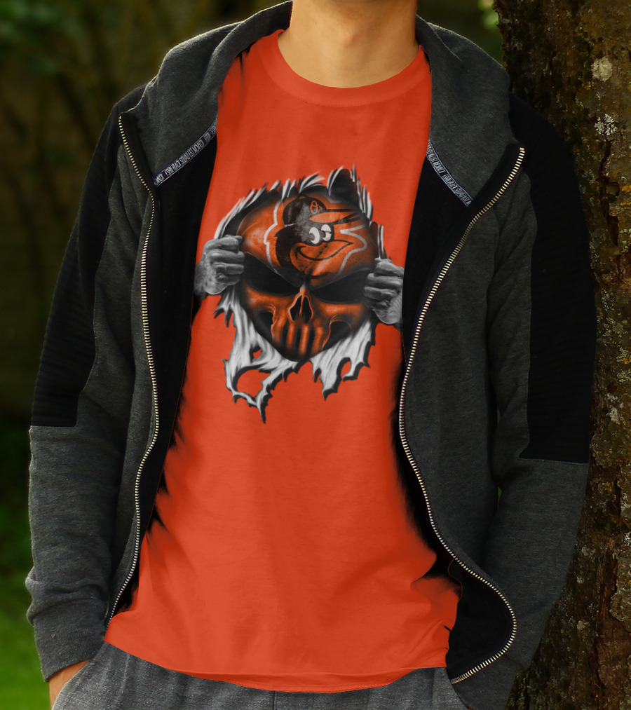 Baltimore Orioles Skull Logo Halloween Rip Effect T-Shirt