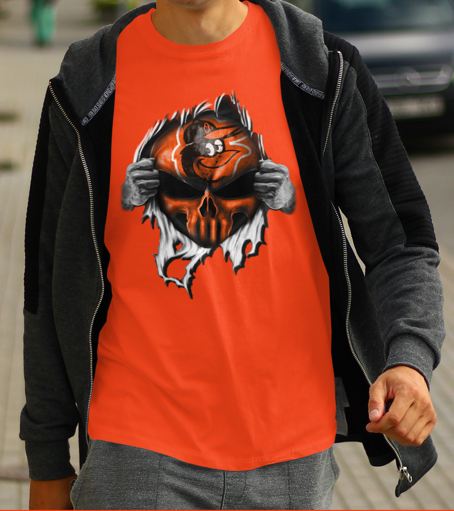 Baltimore Orioles Skull Logo Halloween Rip Effect T-Shirt