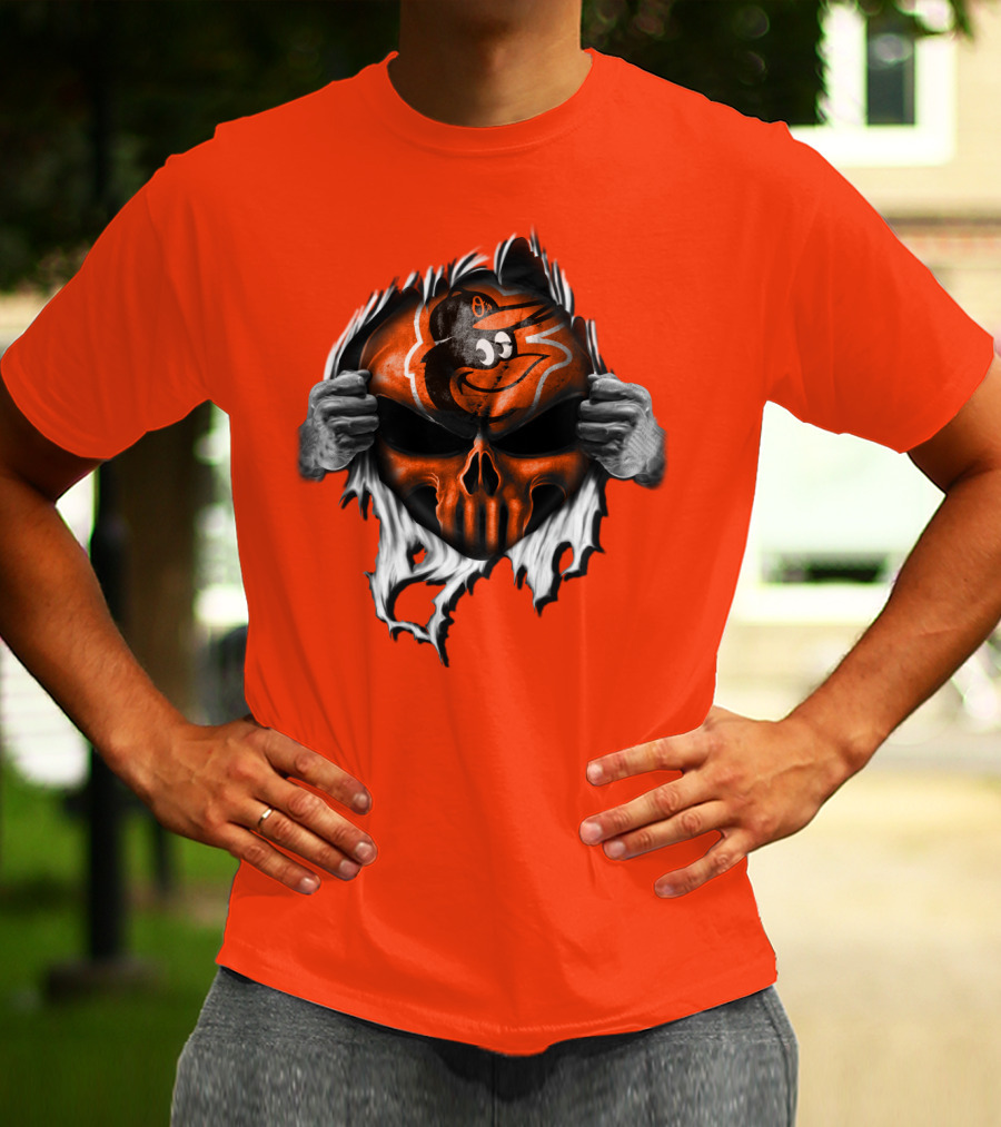 Baltimore Orioles Skull Logo Halloween Rip Effect T-Shirt