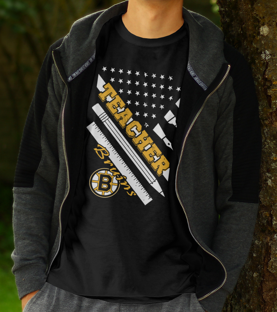 Boston Bruins Teacher American Flag Ruler Pencil Pen Stars T-Shirt