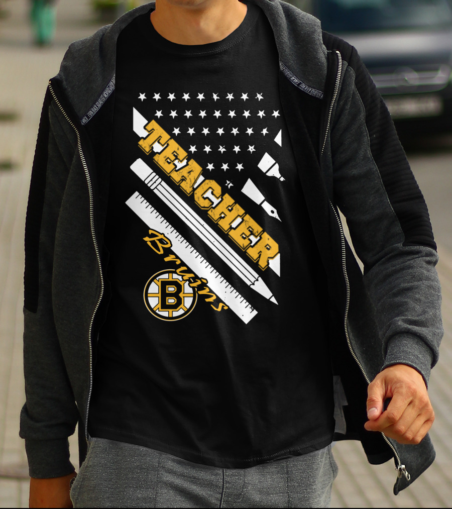 Boston Bruins Teacher American Flag Ruler Pencil Pen Stars T-Shirt