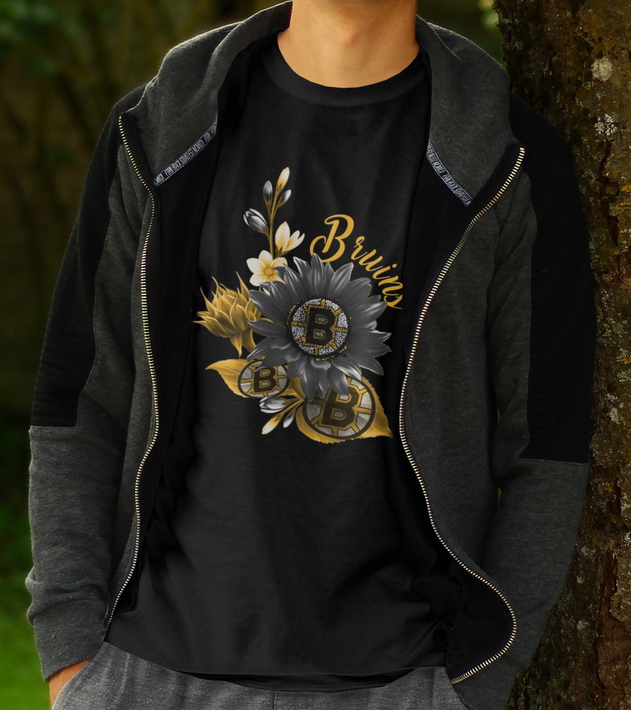 Boston Bruins Floral Logo Design With Yellow Flowers And Black T-Shirt