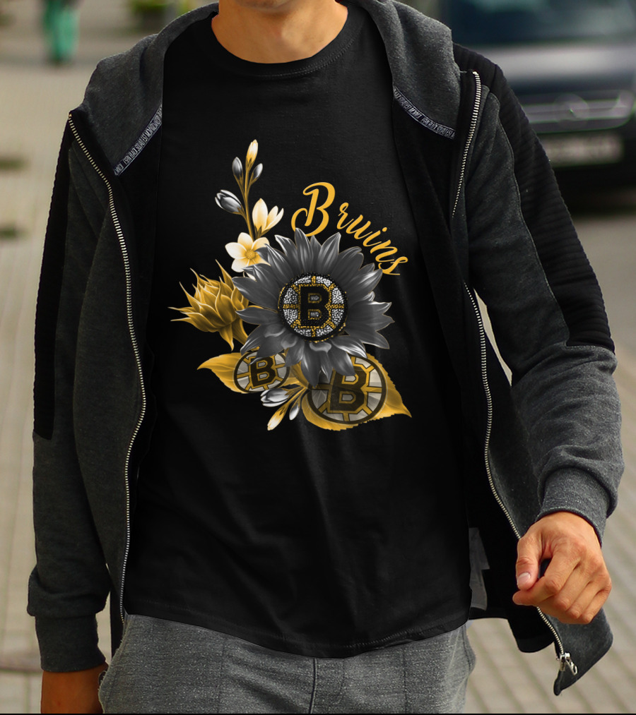 Boston Bruins Floral Logo Design With Yellow Flowers And Black T-Shirt
