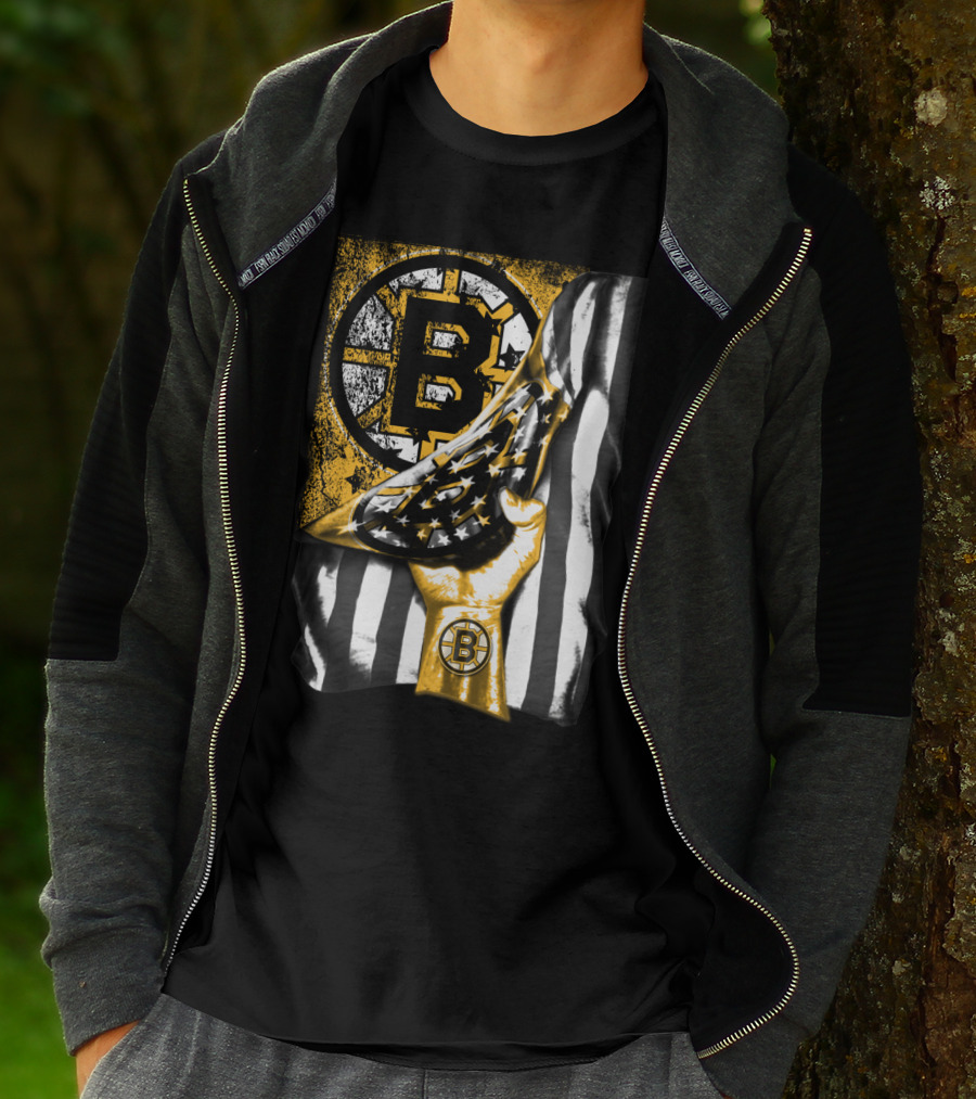 Boston Bruins American Flag Hand Emblem Black And Gold Burst T-Shirt