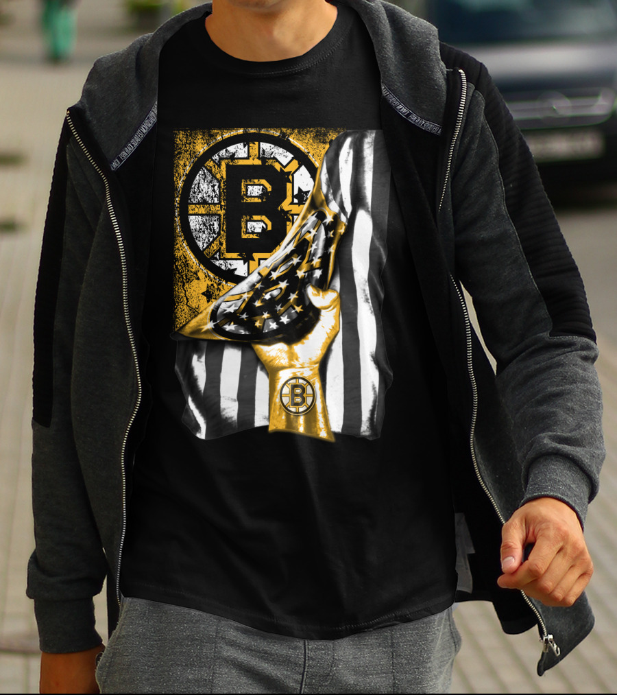 Boston Bruins American Flag Hand Emblem Black And Gold Burst T-Shirt