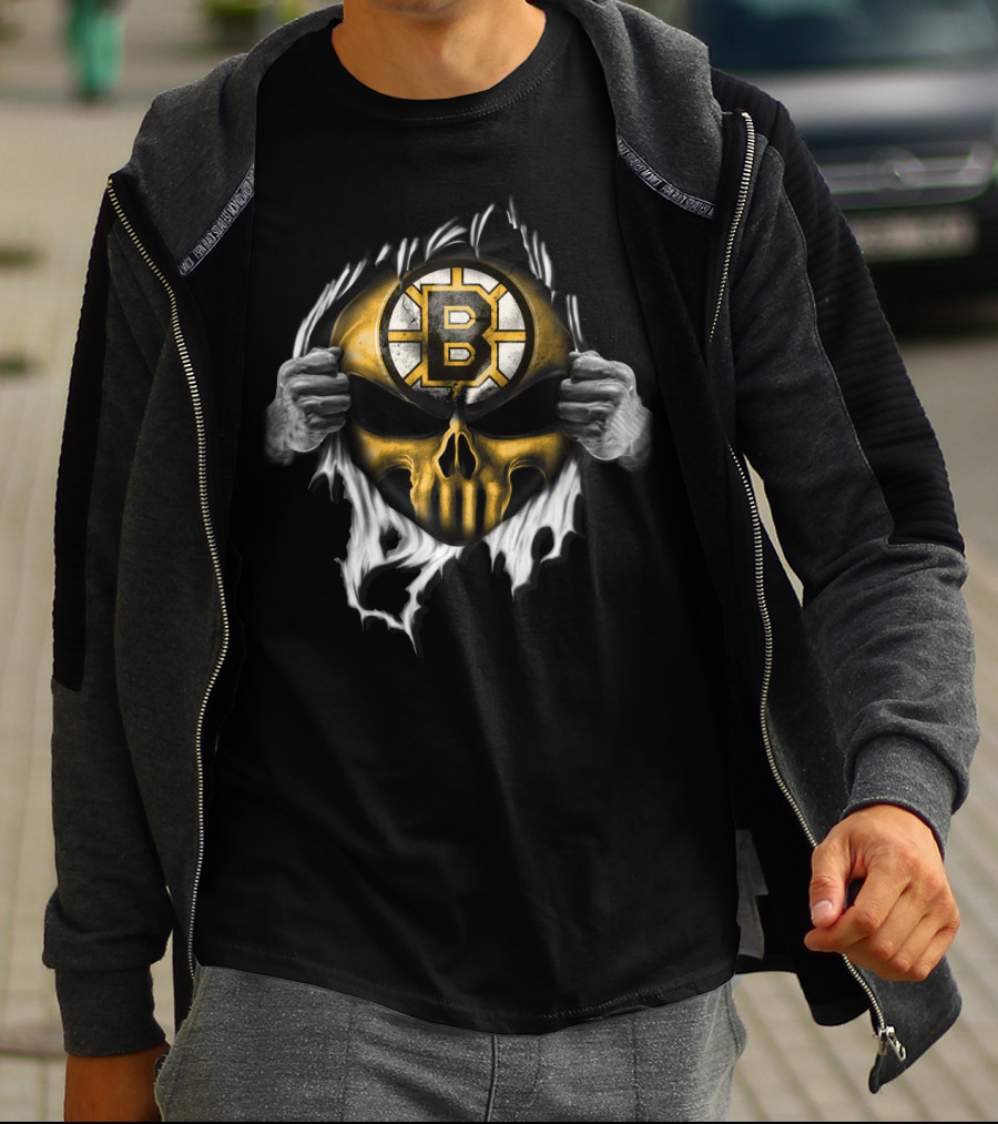 Boston Bruins Skull Logo Ripping Through T-Shirt