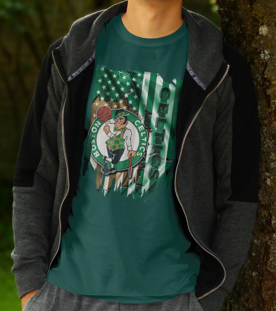 Boston Celtics Shamrock Leprechaun American Flag Basketball T-Shirt