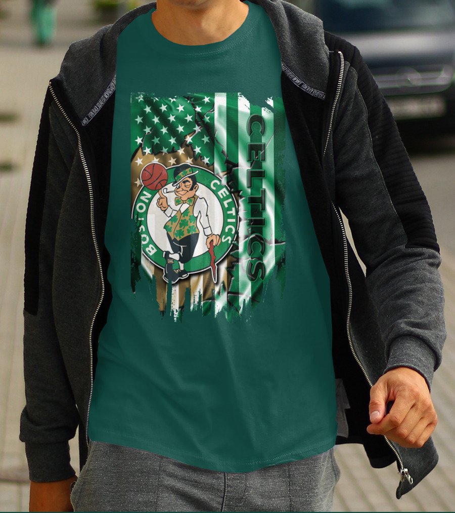Boston Celtics Shamrock Leprechaun American Flag Basketball T-Shirt