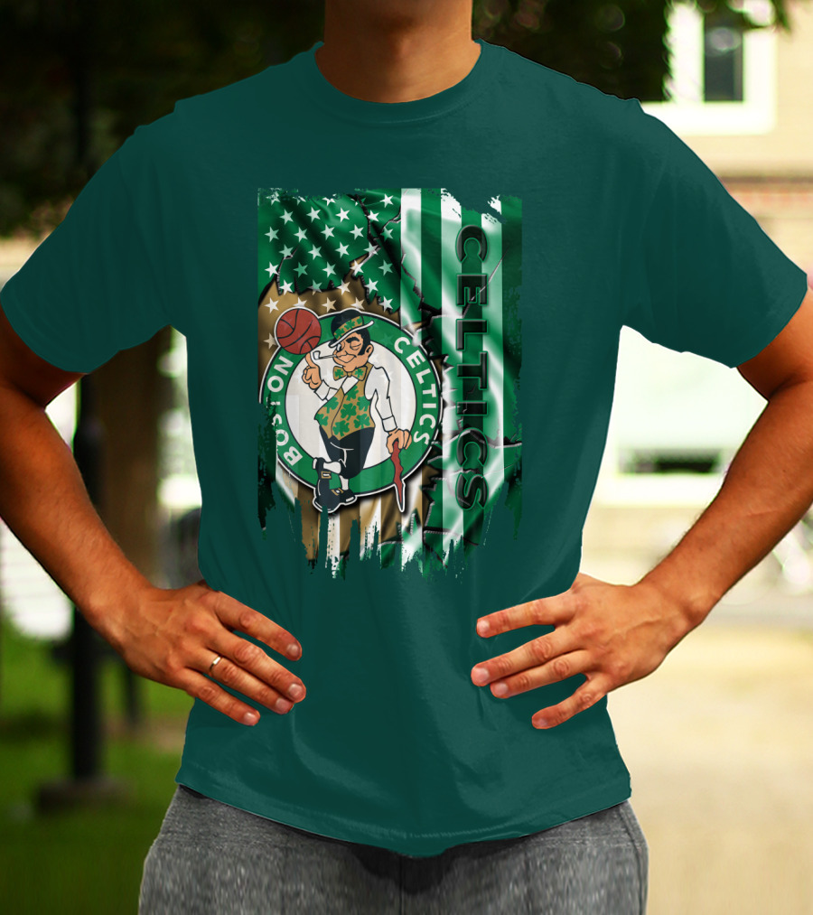 Boston Celtics Shamrock Leprechaun American Flag Basketball T-Shirt
