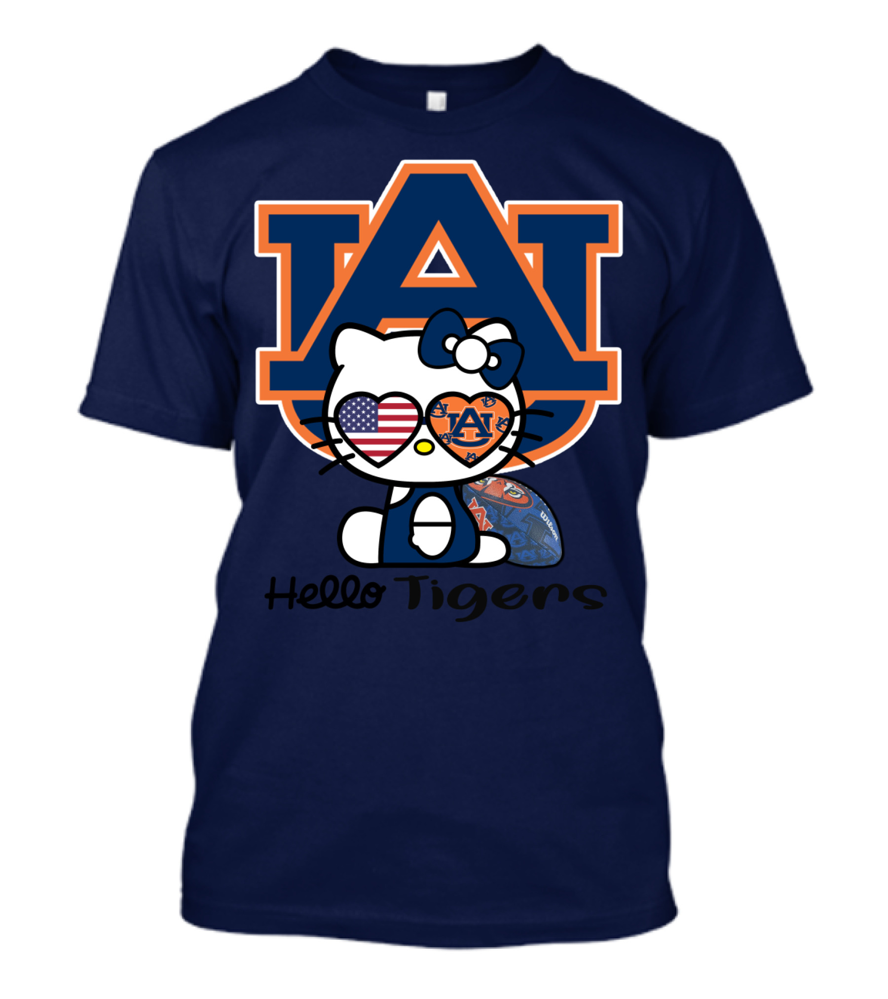 Hello Tigers Auburn Kitty Football American Flag T-Shirt
