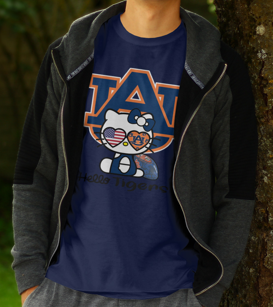 Hello Tigers Auburn Kitty Football American Flag T-Shirt