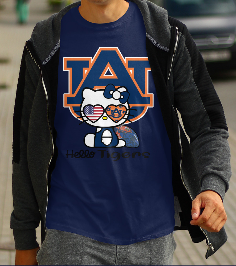 Hello Tigers Auburn Kitty Football American Flag T-Shirt