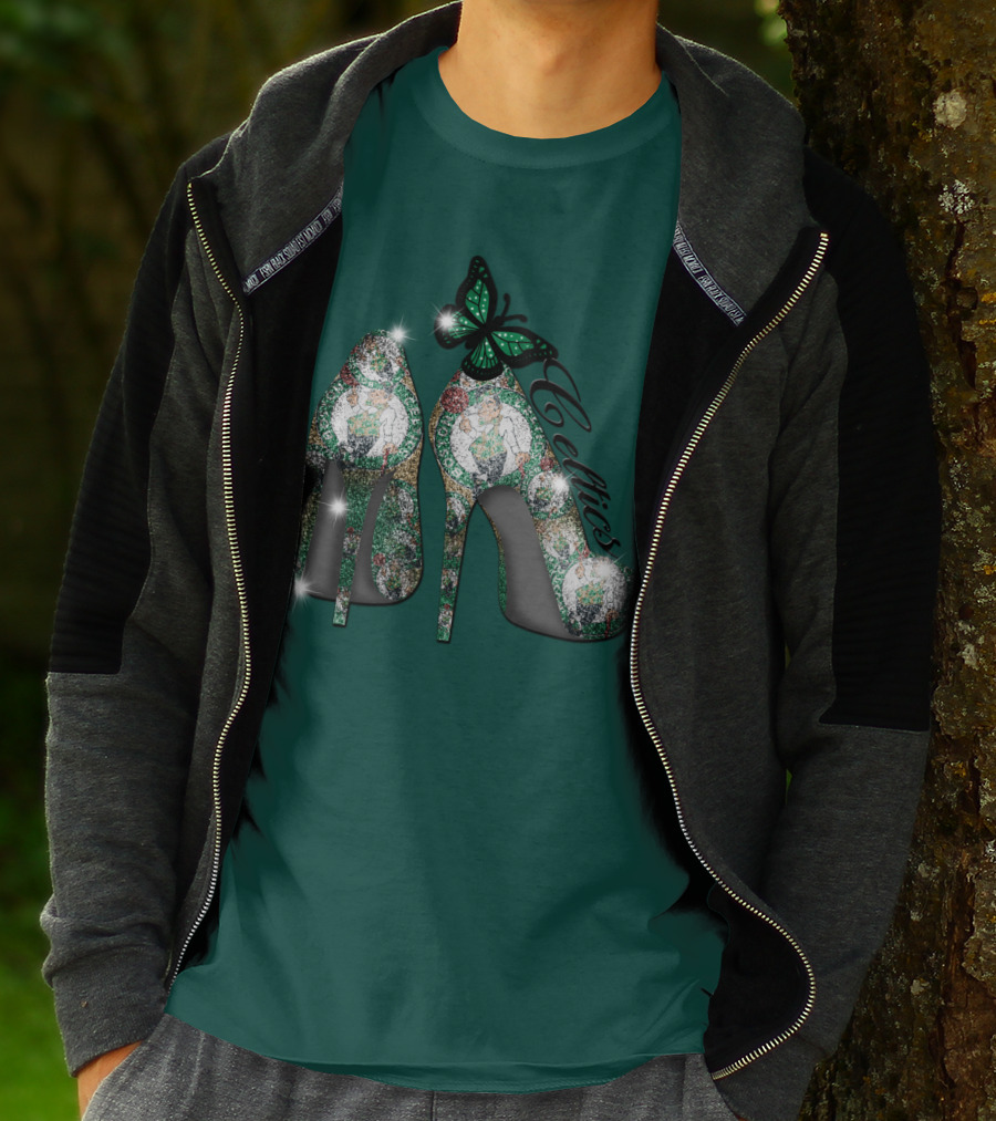 Boston Celtics High Heels With Green Butterfly Sparkle T-Shirt