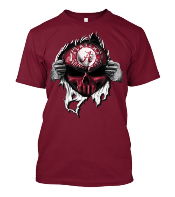 Alabama Crimson Tide Skull Emblem With Red And White Torn Fabric Effect T-Shirt