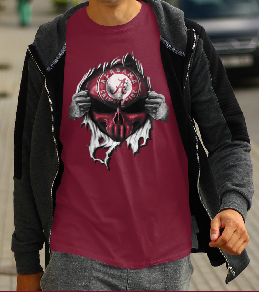 Alabama Crimson Tide Skull Emblem With Red And White Torn Fabric Effect T-Shirt