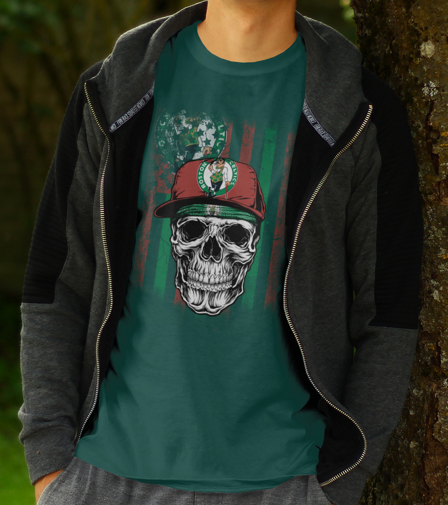 Boston Celtics Skull With Cap And Stripes T-Shirt