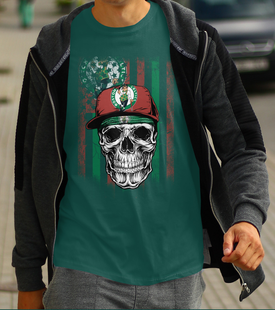 Boston Celtics Skull With Cap And Stripes T-Shirt