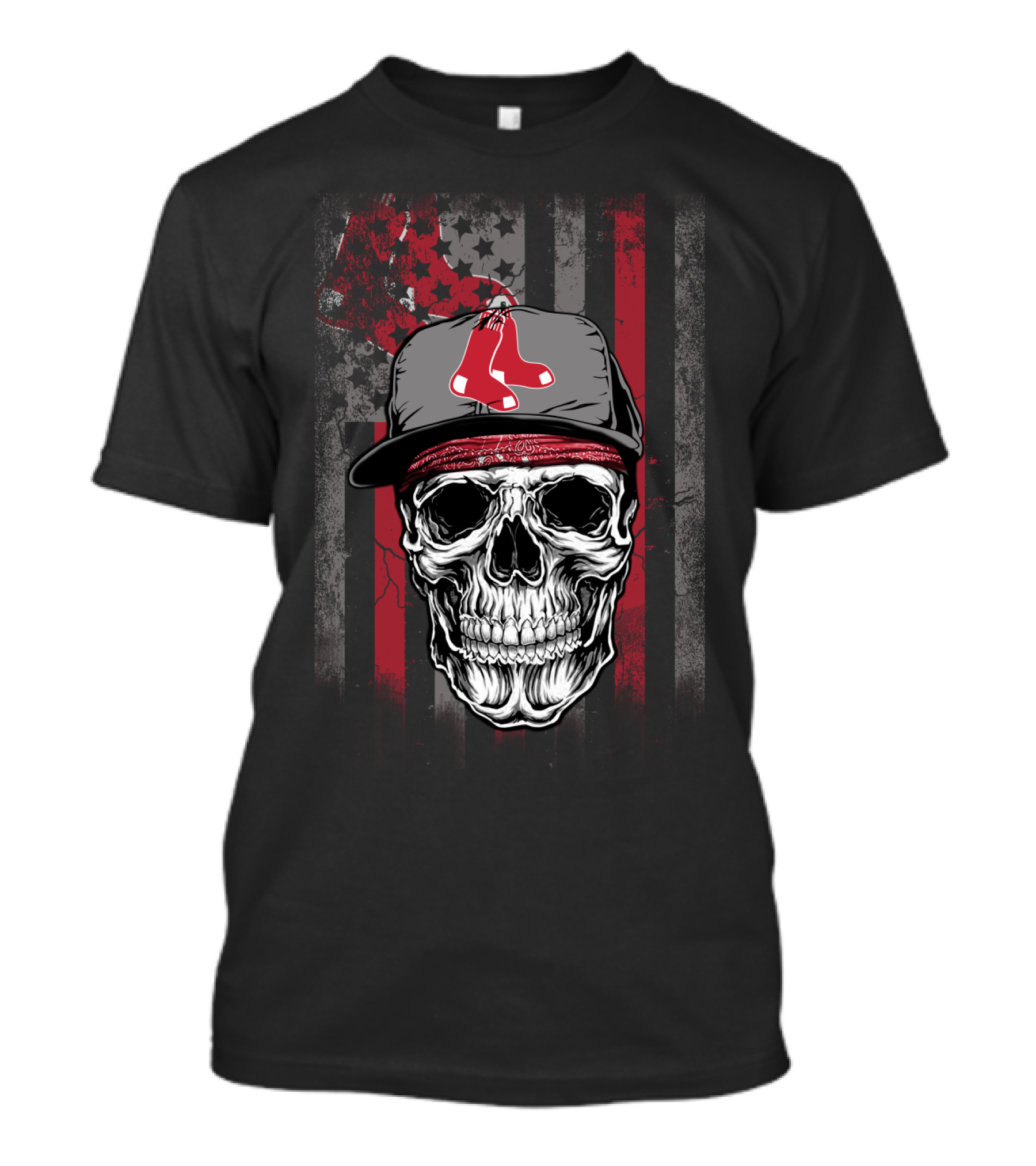 Boston Red Sox Skull With Cap And Stars And Stripes T-Shirt