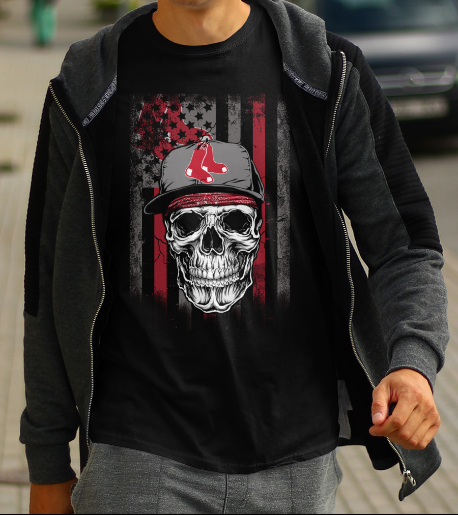 Boston Red Sox Skull With Cap And Stars And Stripes T-Shirt