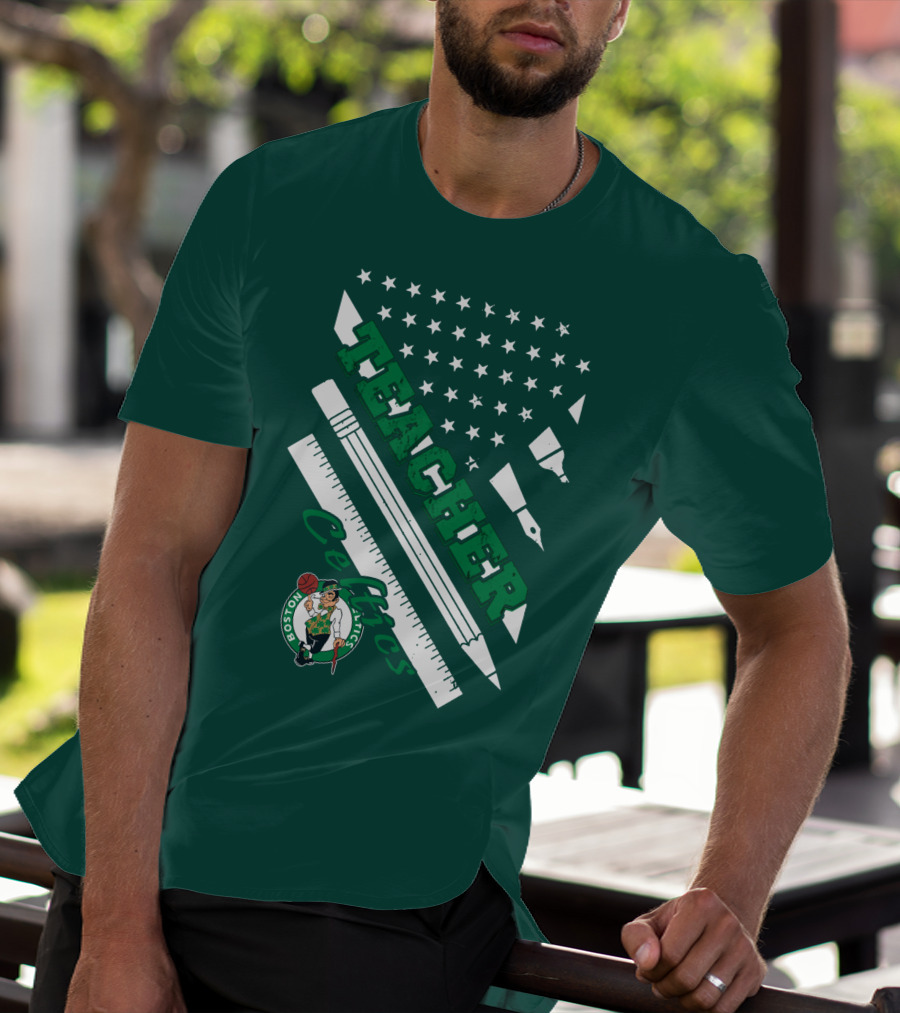 Boston Celtics Teacher Stars And Stripes Pencil Ruler T-Shirt