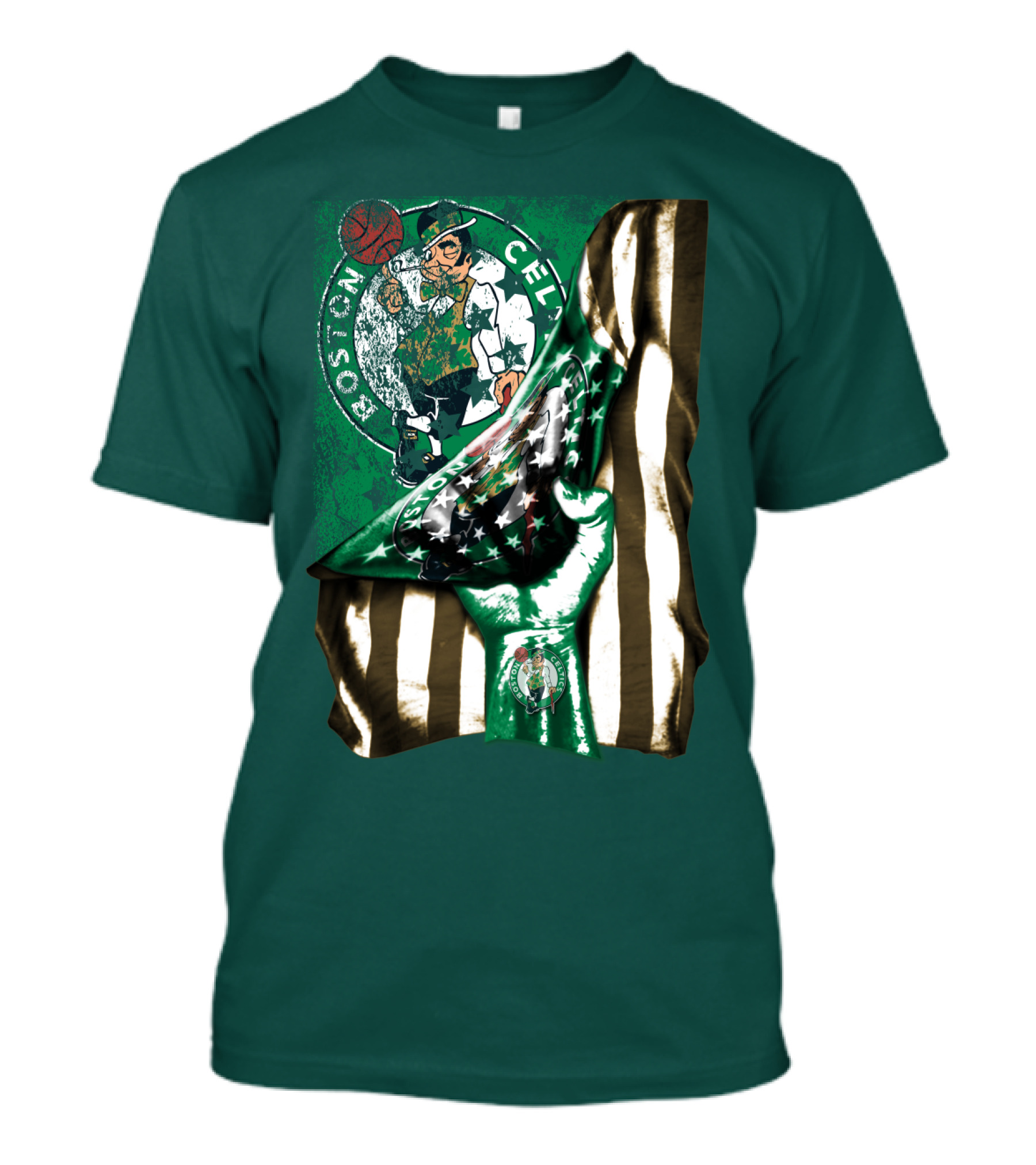 Boston Celtics Hand Lifting Flag With Lucky The Leprechaun And Basketball T-Shirt