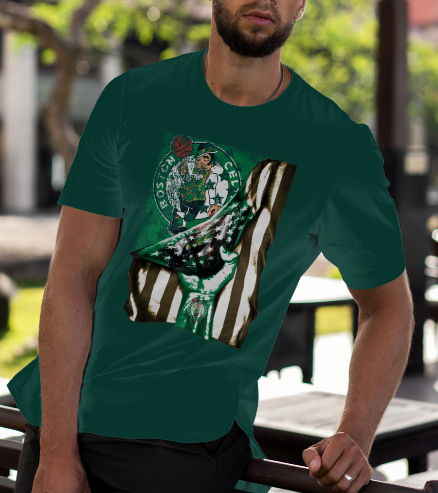 Boston Celtics Hand Lifting Flag With Lucky The Leprechaun And Basketball T-Shirt