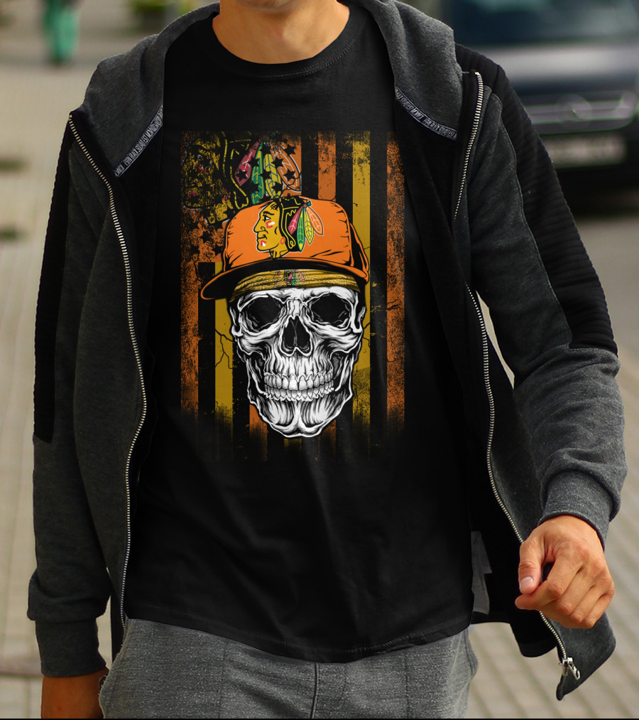 Chicago Blackhawks Skull With Hat And Feathered T-Shirt