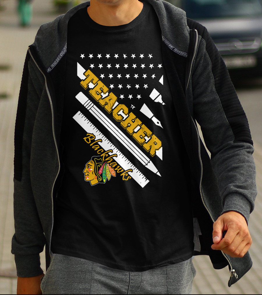 Blackhawks Teacher Usa Flag Pencil Ruler T-Shirt
