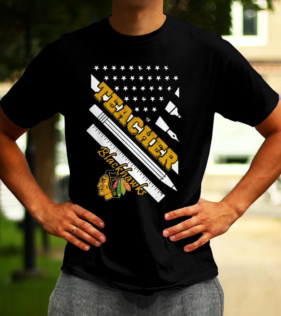 Blackhawks Teacher Usa Flag Pencil Ruler T-Shirt