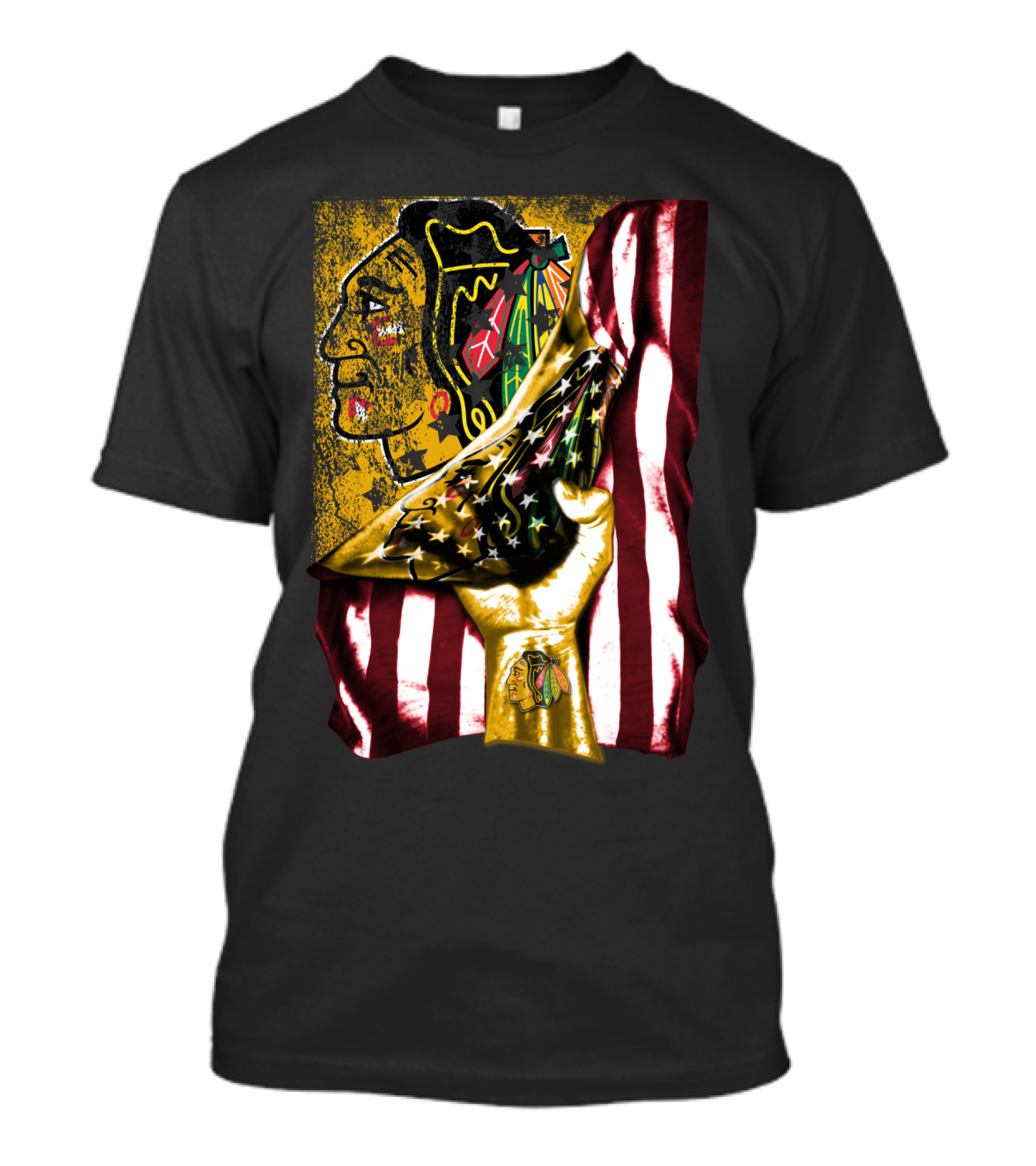 Chicago Blackhawks American Flag Hand Pulling Stars And Stripes With Team T-Shirt
