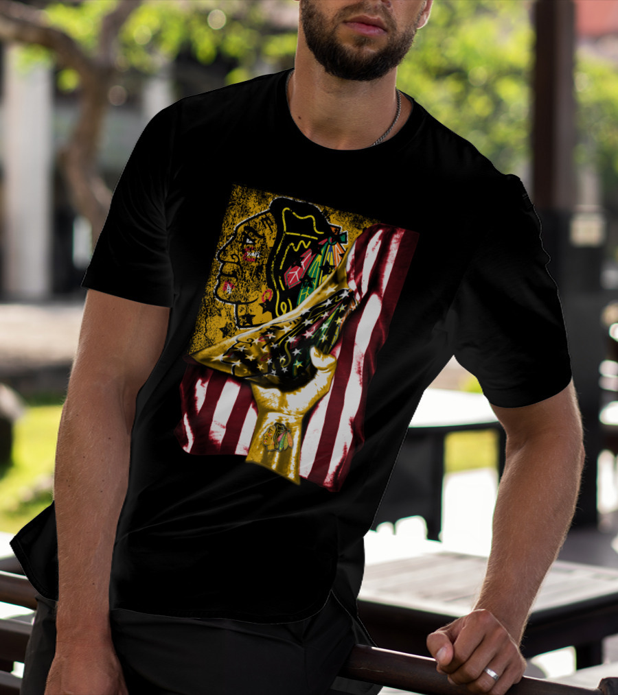 Chicago Blackhawks American Flag Hand Pulling Stars And Stripes With Team T-Shirt