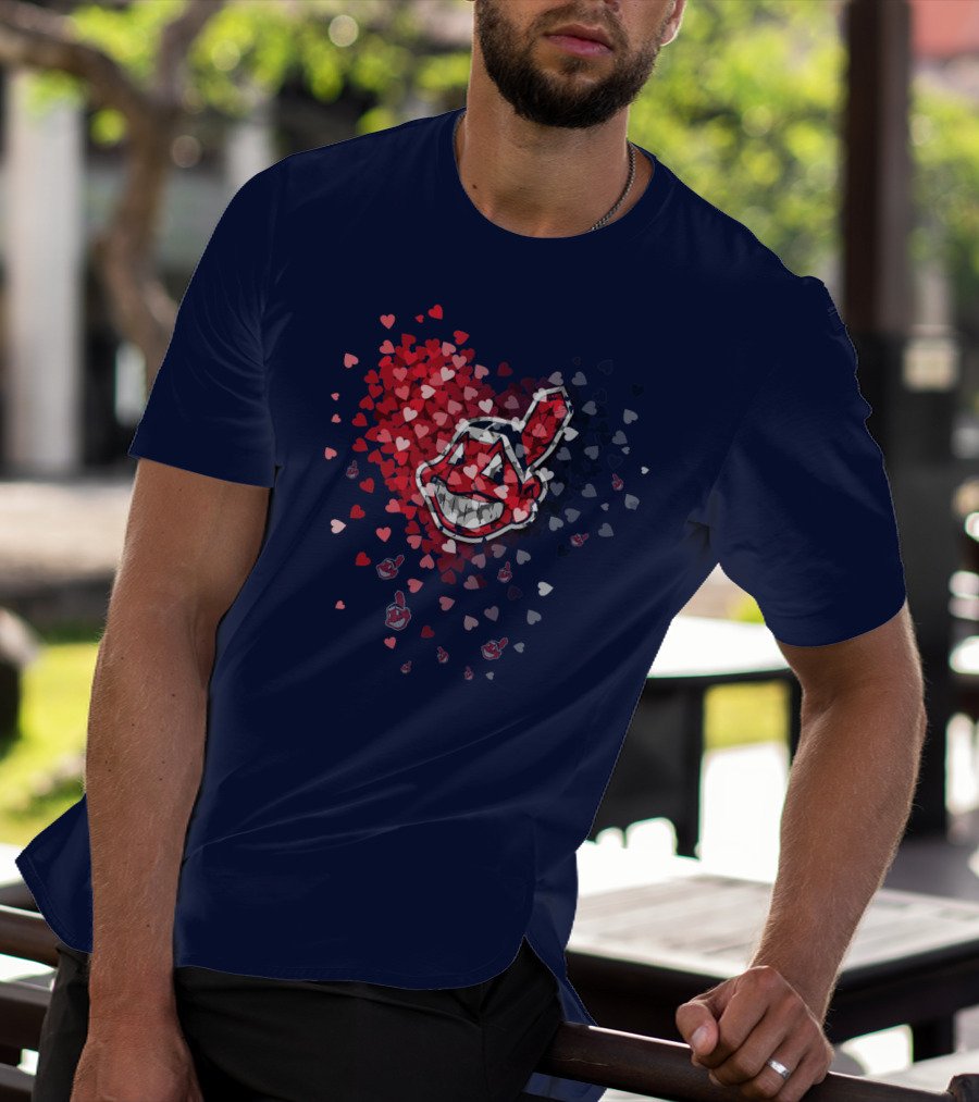 Cleveland Indians Heart Logo With Feathered Chief Wahoo In Blue And Red T-Shirt