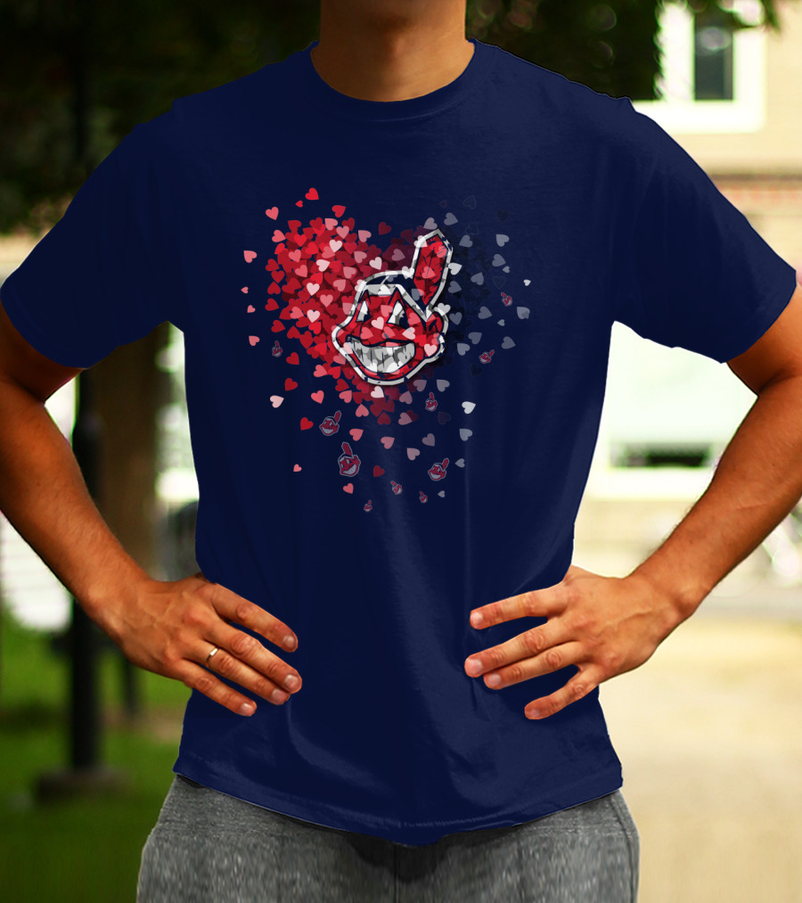 Cleveland Indians Heart Logo With Feathered Chief Wahoo In Blue And Red T-Shirt