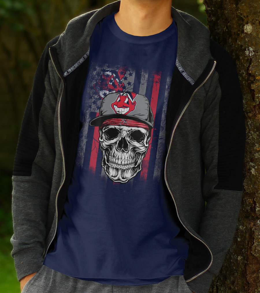 Cleveland Indians Skull Wearing Chief Wahoo Cap With American Flag T-Shirt