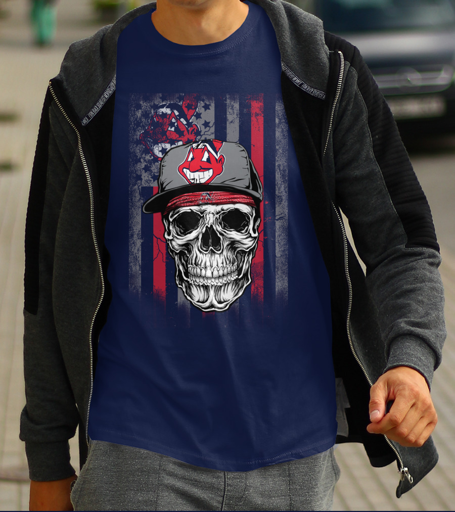 Cleveland Indians Skull Wearing Chief Wahoo Cap With American Flag T-Shirt