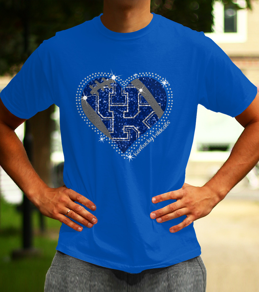 Kentucky Wildcats Heart Football Logo Sparkle Blue T-Shirt