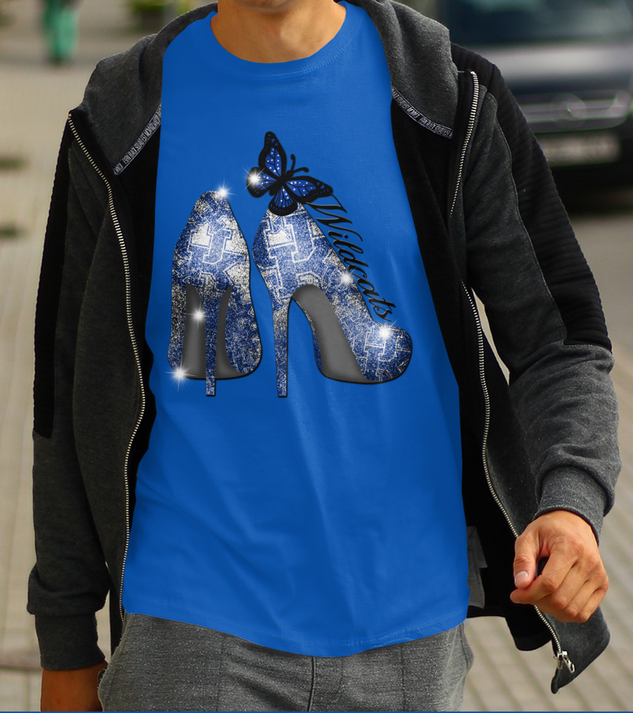Kentucky Wildcats High Heels And Butterfly In Blue T-Shirt