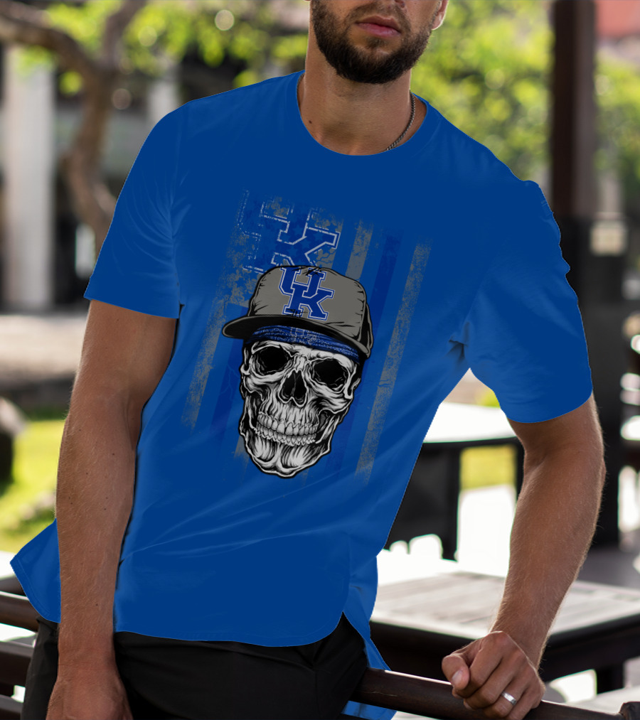Kentucky Wildcats Skull With Uk Logo Hat On Grunge Blue T-Shirt