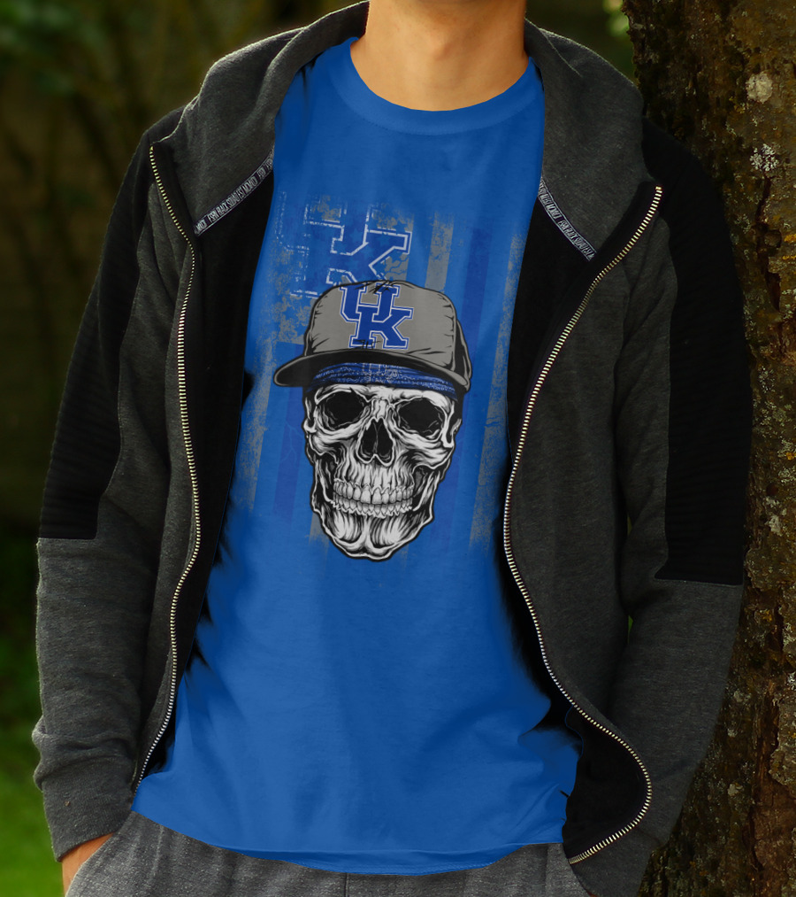 Kentucky Wildcats Skull With Uk Logo Hat On Grunge Blue T-Shirt