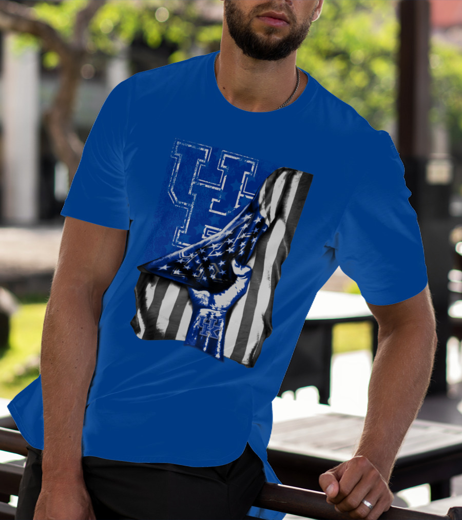 Kentucky Wildcats U.s. Flag Blue And White Logo Fusion T-Shirt