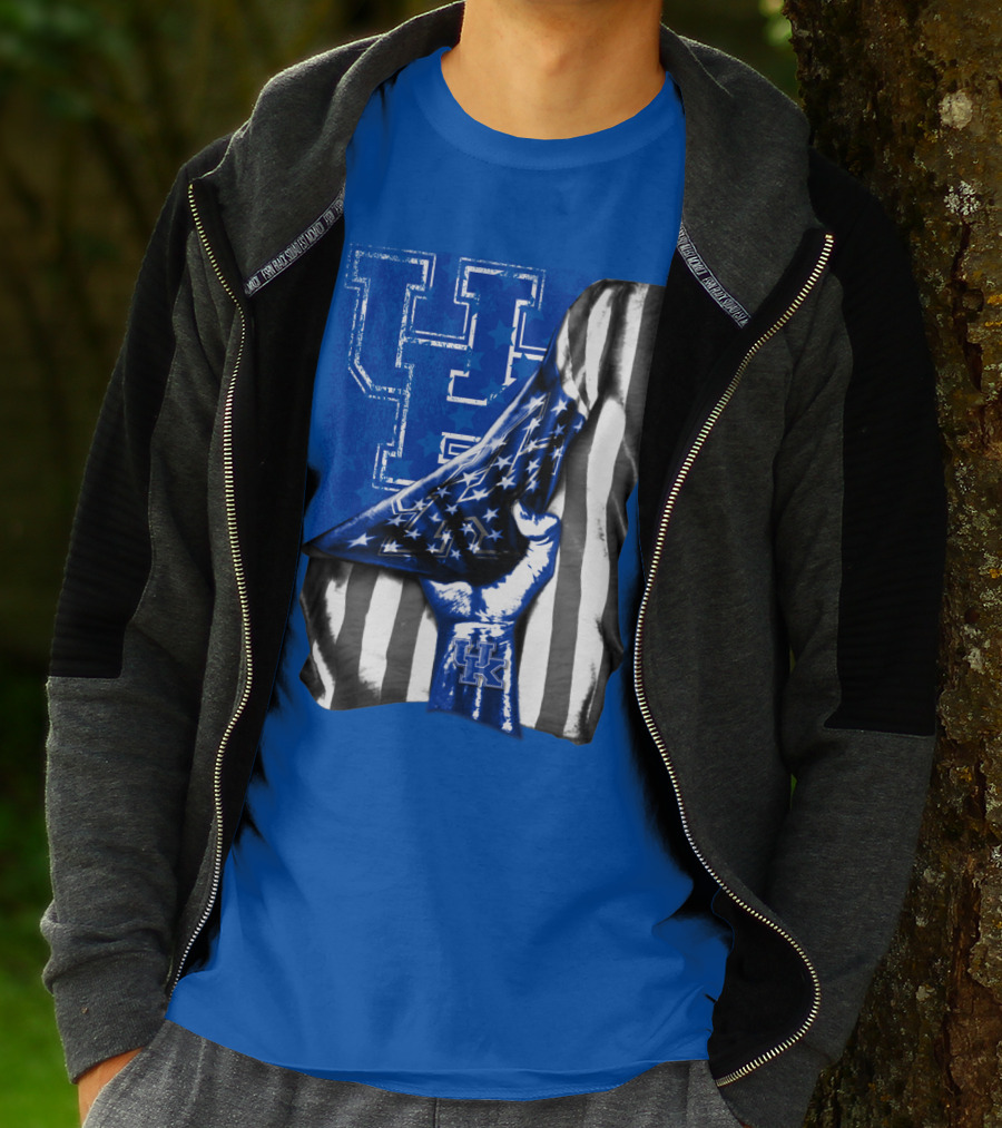 Kentucky Wildcats U.s. Flag Blue And White Logo Fusion T-Shirt