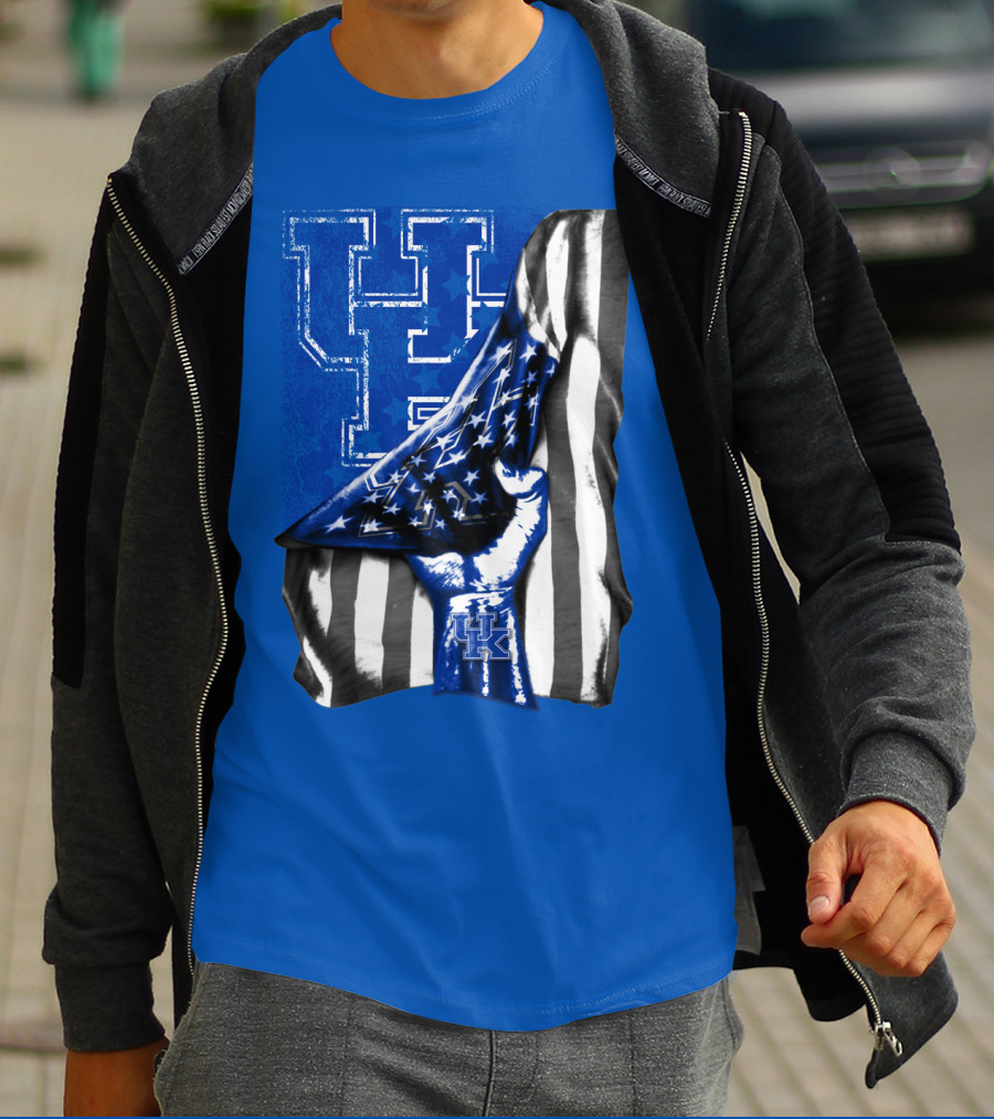 Kentucky Wildcats U.s. Flag Blue And White Logo Fusion T-Shirt