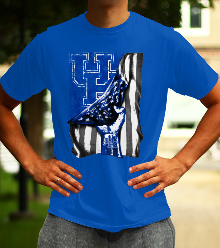 Kentucky Wildcats U.s. Flag Blue And White Logo Fusion T-Shirt