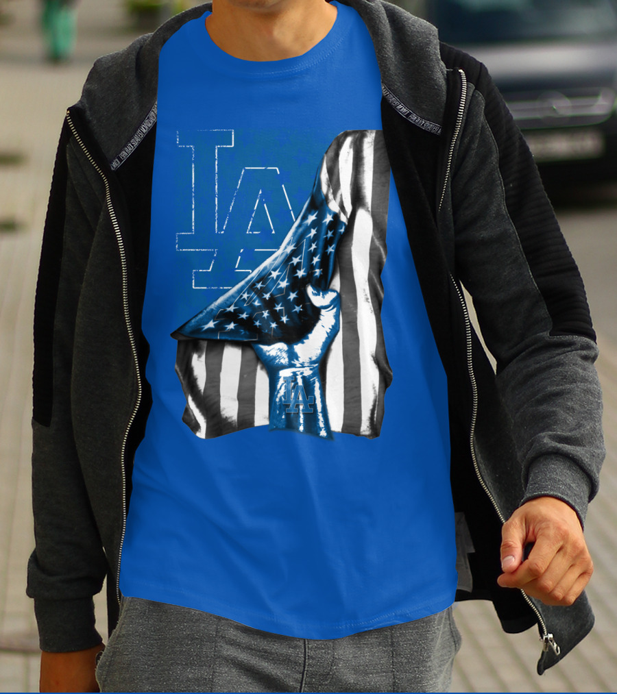 Los Angeles Dodgers La Logo American Flag Fist T-Shirt