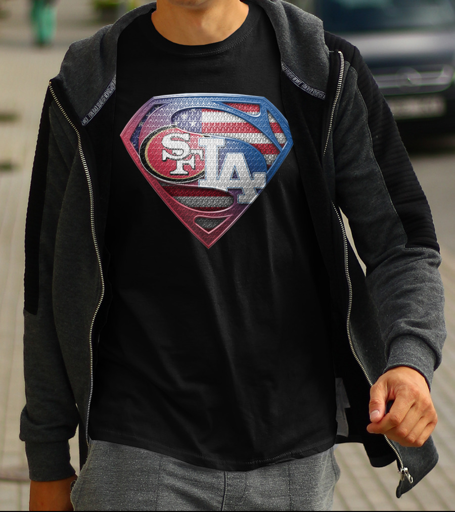 San Francisco 49ers Los Angeles Dodgers American Flag Superman T-Shirt