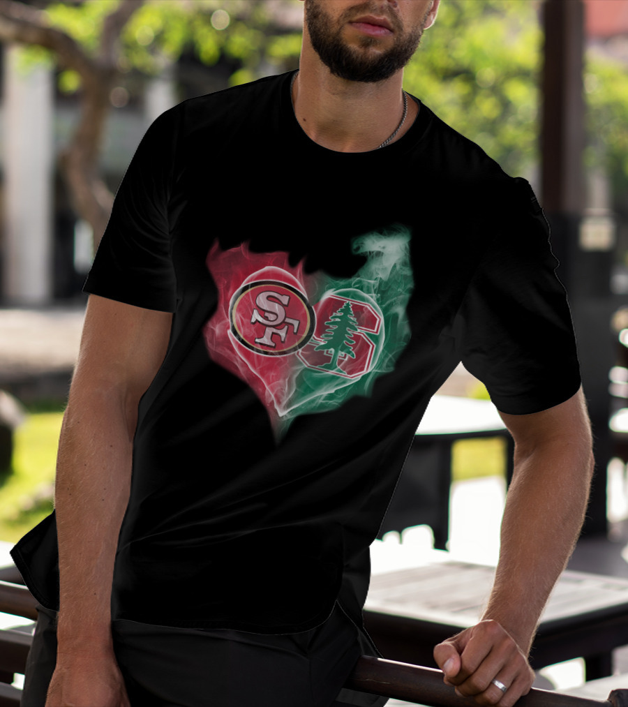 San Francisco 49ers And Stanford Cardinal Heart-Shaped Smoke Logos T-Shirt