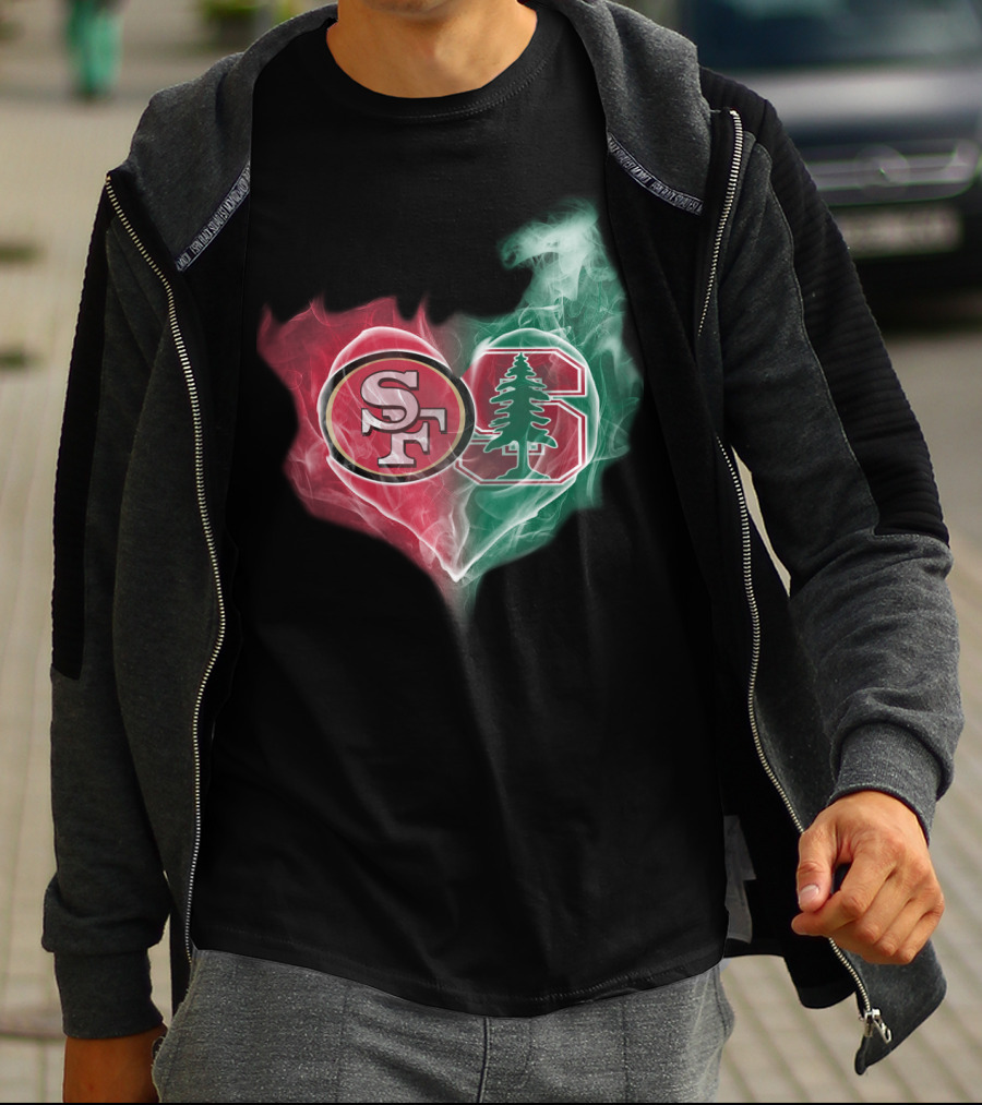 San Francisco 49ers And Stanford Cardinal Heart-Shaped Smoke Logos T-Shirt