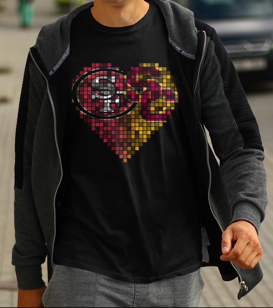 Ttr 005 Heart Mosaic San Francisco 49ers And Usc Trojans Logos T-Shirt